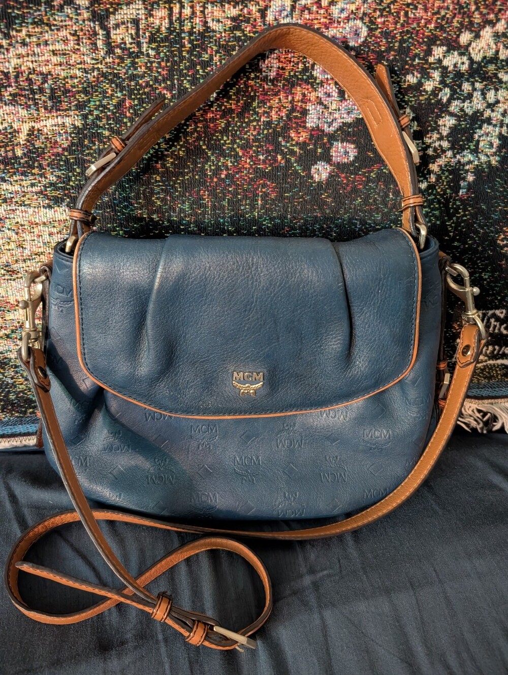 Mcm Gorgeous Blue Leather Two-way Purse With Brown Leather Trim Nice Condition